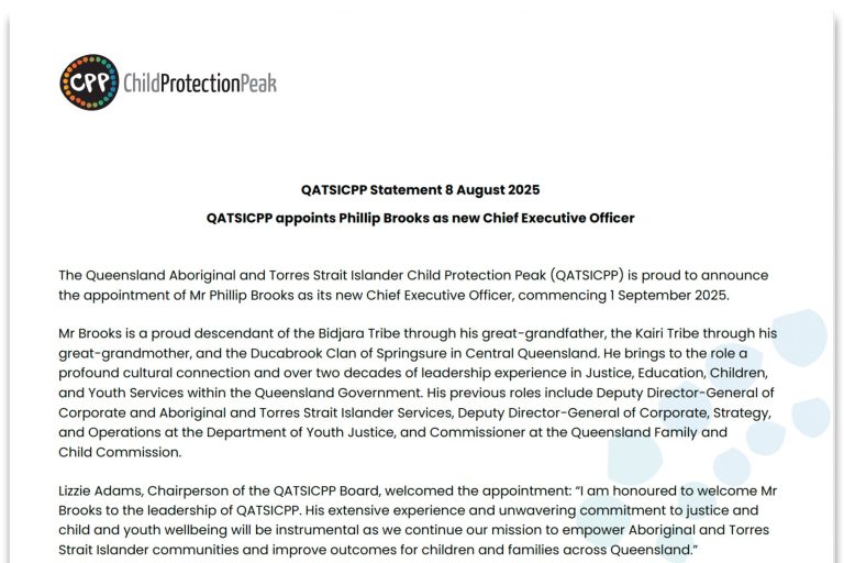 Queensland Aboriginal and Torres Strait Islander Child Protection Peak (QATSICPP) logo representing child protection and family wellbeing in Queensland